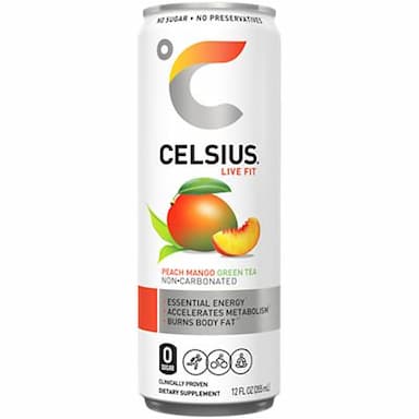 Celsius Non-Carbonated Energy Drink - No Sugar or Preservatives - Peach Mango & Green Tea (4 Drinks, 12 Fl Oz. Each)